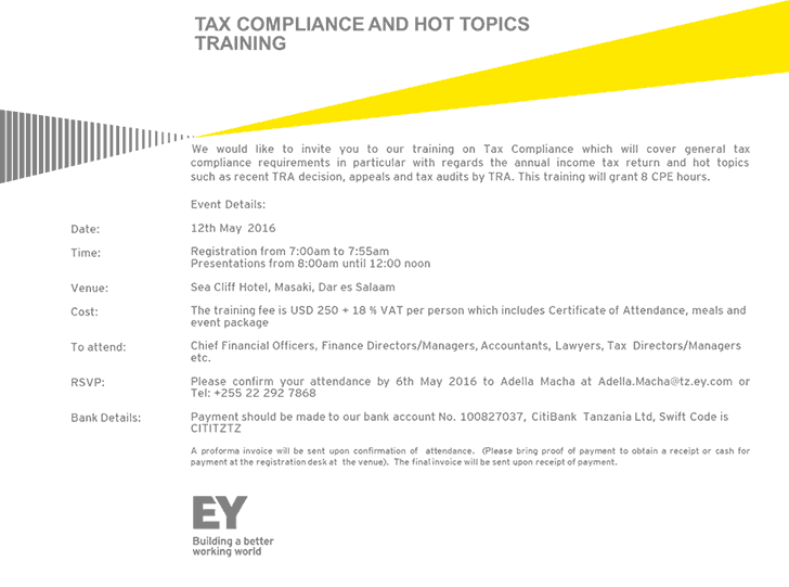EY Tanzania tax compliance training 12 may 2016