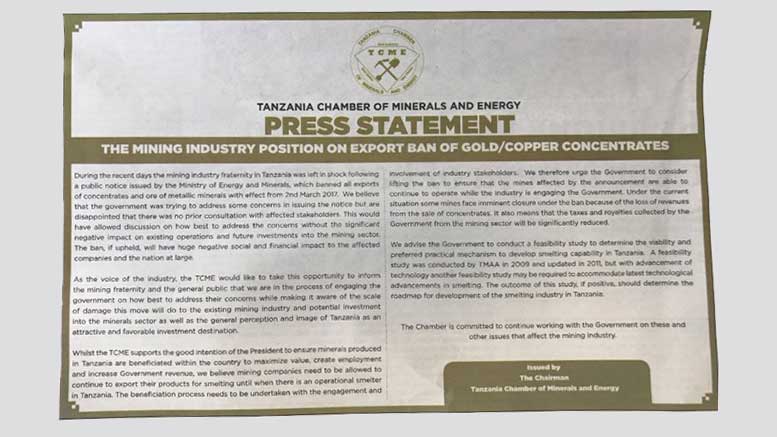 Tanzania Chamber Minerals Export ban satement