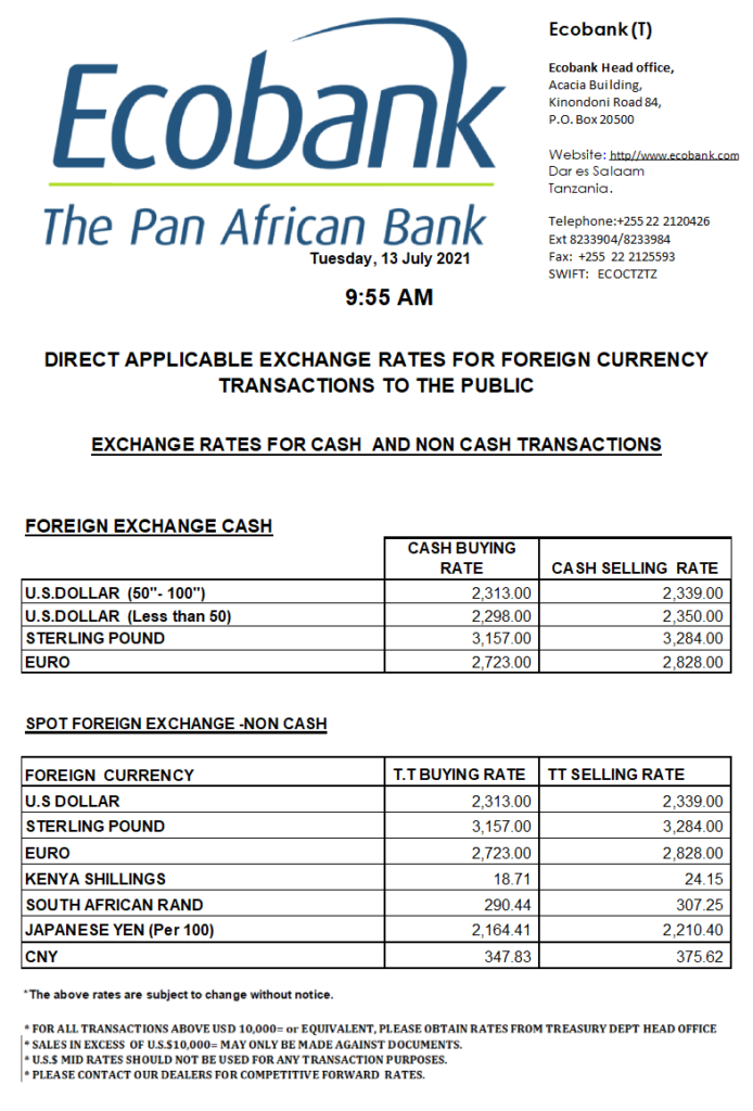 Ecobank Tanzania Forex Rates USD-TZS 13 July 2021