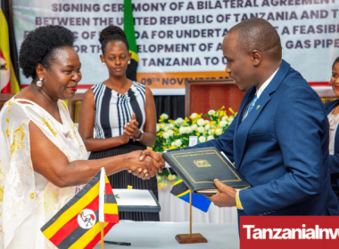 Tanzania's Energy Minister Doto Biteko and Uganda's Energy Minister Ruth Nankabirwa signing the gas pipeline feasibility study agreement